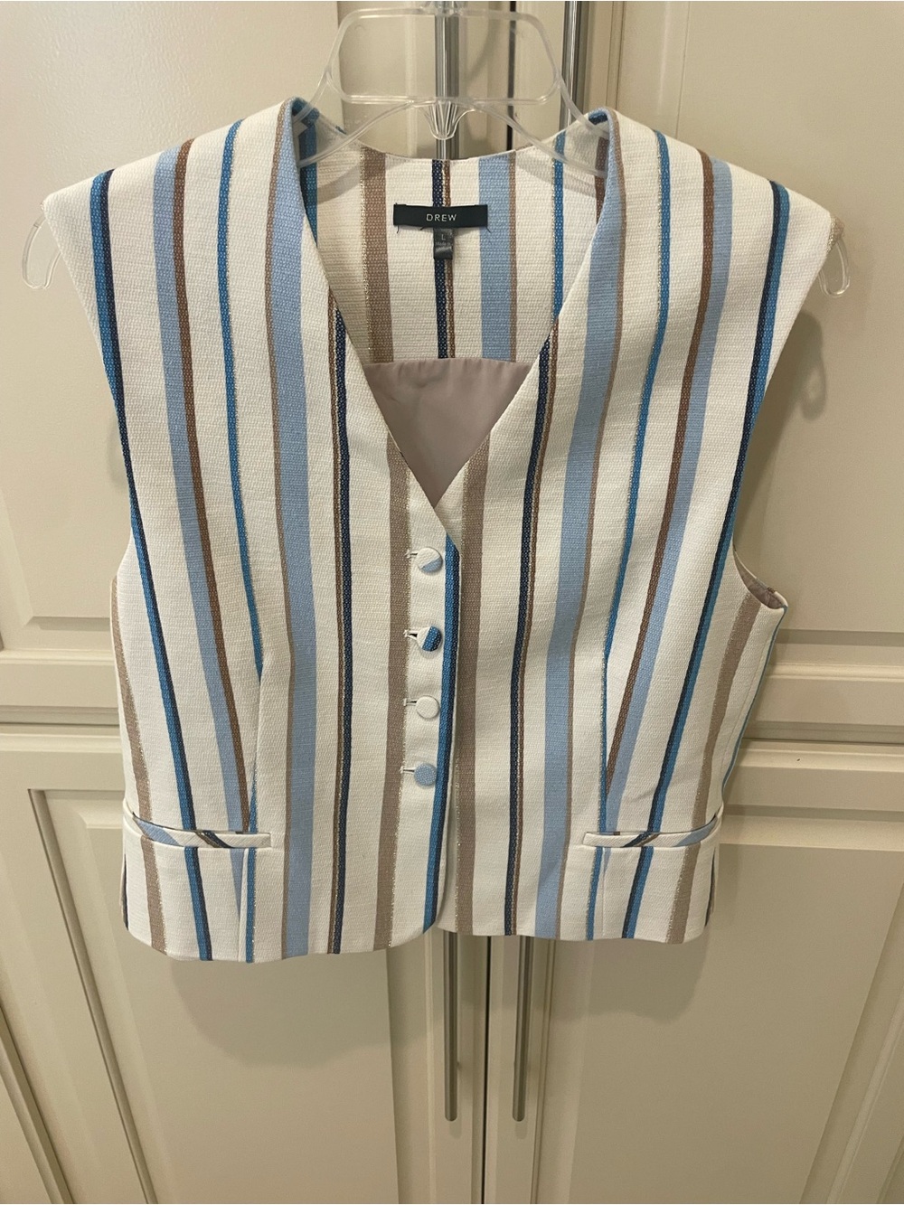 DREW Vertical Striped Sleeveless Vest in Blue, White & Tan with gold stripes